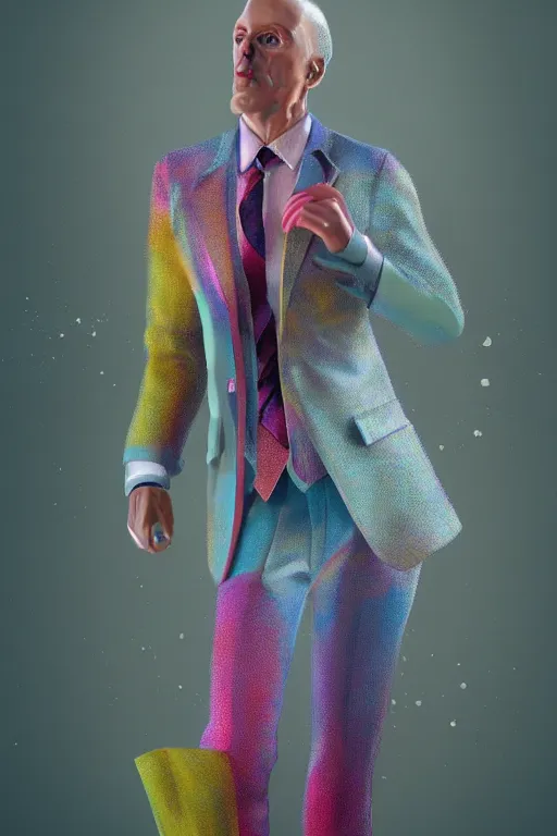 Image similar to a scene with a character wearing a super colorful muted color diy! suit, super detailed, vivienne westwood!, detailed photoreal render octane render, pointillism, oil on canvas