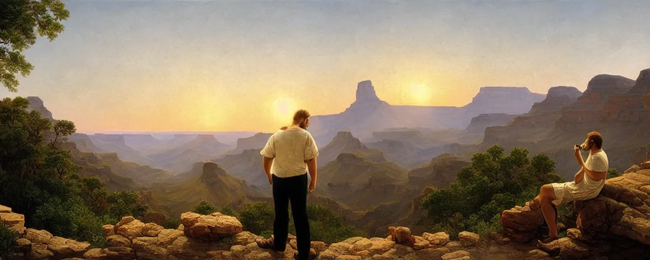 Image similar to romantic painting, wide shot of a chubby man in wearing a white t - shirt and blue shorts ( looking at his cellphone )!!!!!! in front of a the grand canyon at sunrise, highly detailed, sublime, hyperrealistic, painted by caspar david friedrich and albert bierstadt, trending on artstation 8 k