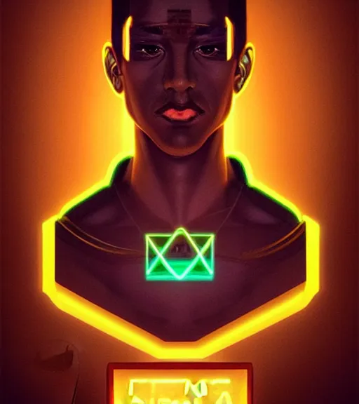 Image similar to symmetry!! egyptian prince of technology, solid cube of light, hard edges, product render retro - futuristic poster scifi, lasers and neon circuits, brown skin man egyptian prince, intricate, elegant, highly detailed, digital painting, artstation, concept art, smooth, sharp focus, illustration, dreamlike, art by artgerm