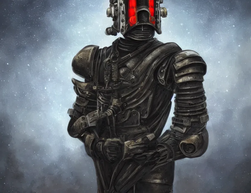 Image similar to a detailed portrait painting of a lone bounty hunter wearing combat armour and a reflective visor. Head and chest only. Dieselpunk elements. Movie scene, cinematic sci-fi scene. Flight suit, cloth and metal, accurate anatomy. Samurai influence, knight influence. fencing armour. portrait symmetrical and science fiction theme with lightning, aurora lighting. clouds and stars. Futurism by moebius beksinski carl spitzweg moebius and tuomas korpi. baroque elements. baroque element. intricate artwork by caravaggio. Oil painting. Trending on artstation. 8k