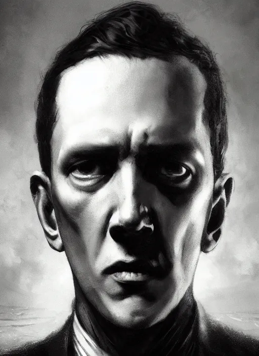 Image similar to highly detailed portrait of h p lovecraft by greg rutkowski, mike mignola, tom bagshaw artgerm and ross tran, beautiful dramatic dark moody lighting, volumetric, cinematic atmosphere, photorealism, glossy magazine painting, global illumination, deep color, 8 k resolution, high details, flickr, dslr, zbrushcentral, cgsociety, artstation