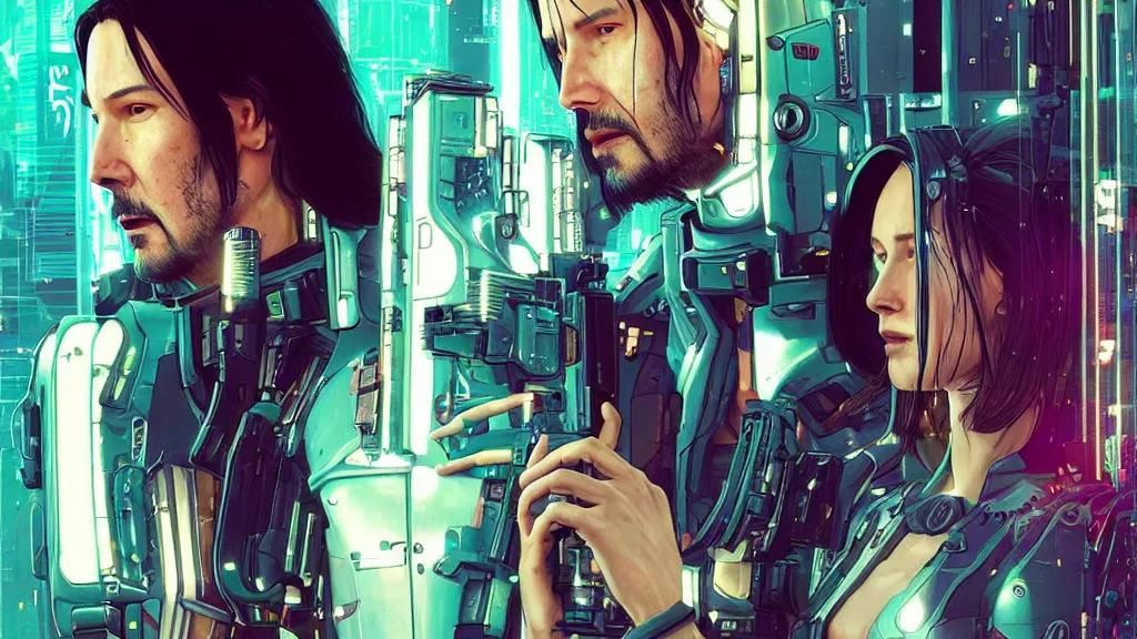 Prompt: a cyberpunk 2077 srcreenshot couple portrait of Keanu Reeves&female android in kiss,love story,film lighting,by Laurie Greasley,Lawrence Alma-Tadema,Dan Mumford,John Wick,Speed,Replicas,artstation,deviantart,FAN ART,full of color,Digital painting,face enhance,highly detailed,8K,octane,golden ratio,cinematic lighting