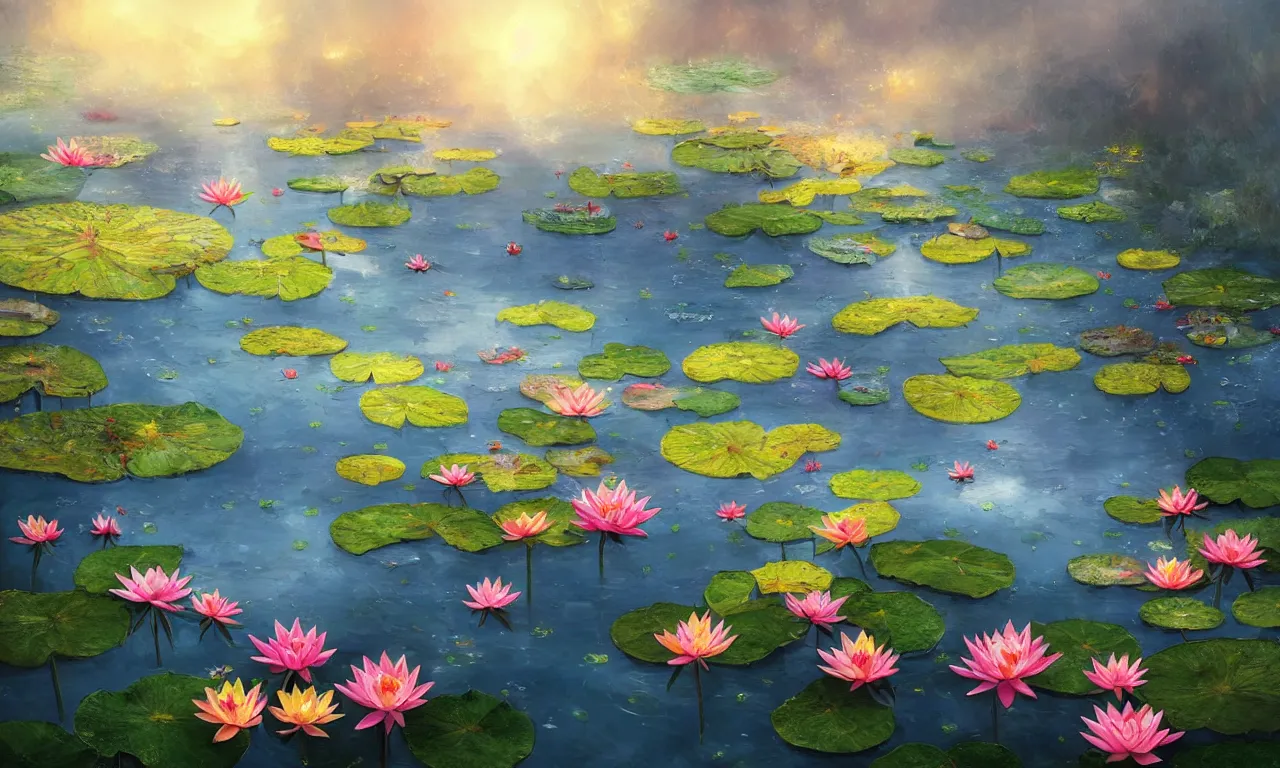 Prompt: breathtaking detailed digital cinematic painting of a pond of vibrant lotus with ribbons of gold, colibri in a sunlit blue sky whith plump white clouds, art by johannes voss, kelogsloops and anato finnstark, elegant, highly detailed, artstation, 8 k, unreal engine, hdr, concept art, matte, sharp focus,