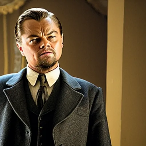 Image similar to Leonardo DiCaprio as evil landlord in Django, Hollywood movie still, sharp