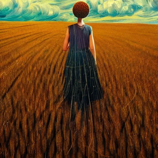 Image similar to giant daisy flower as a head, girl walking in wheat field, hills, surreal photography, dark night, star trails, dramatic light, impressionist painting, clouds, digital painting, artstation, simon stalenhag