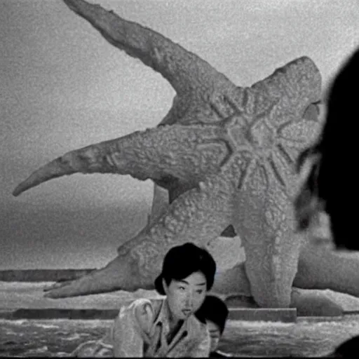 Image similar to a couple escaping from a giant Kaiju Starfish Monster over a traditional Korean village, minimal cinematography by Akira Kurosawa, movie filmstill, film noir, thriller by Kim Jong-il and Shin Sang-ok