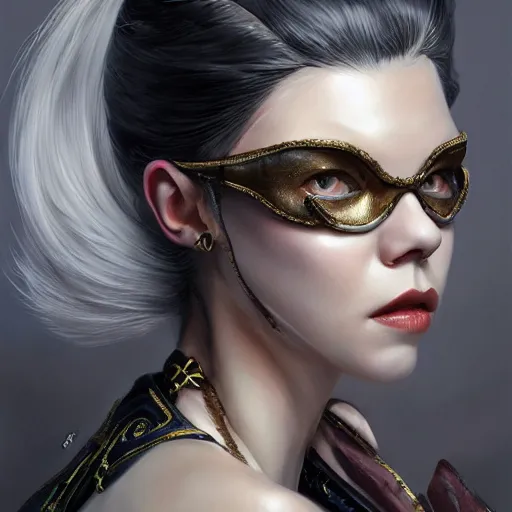 Image similar to a portrait a older anya taylor - joy as bayonetta, urban motifs, intricate, elegant, highly detailed, digital painting, trending on artstation, concept art, smooth sharp focus, illustration, art by artgerm and greg rutkowski