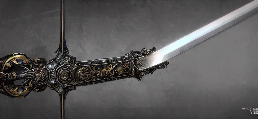 Image similar to legendary cybernetic sword lying flat on a glowing table with a long sharp black and iridescent sword blade, digital award winning hd matte painting, intimate dark moody, intricate, ornate spikes, colorful hilt, detailed realistic, raytraced blade, colored gems, future golden technological pommel, in the style of greg rutkowski and krenz cushart, deviantart
