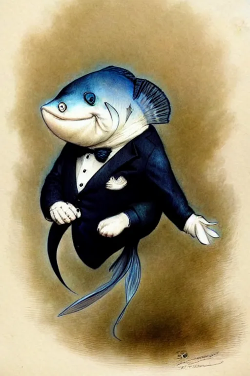 Image similar to ( ( ( cartoon fish in tuxedo. muted colors. ) ) ) by jean - baptiste monge!!!!!!!!!!!!!!!!!!!!!!!!!!!