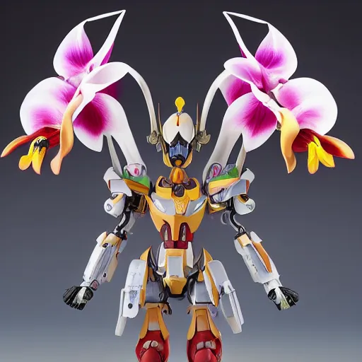 Image similar to futuristic caleana major mecha flying duck orchid body, sepals forming helmet, floral details, caleana major, 8 k hd resolution, barbatos gundam with floral inlay, bandai box art, star wars, makoto kobayashi, frank gehry, raymond swanland