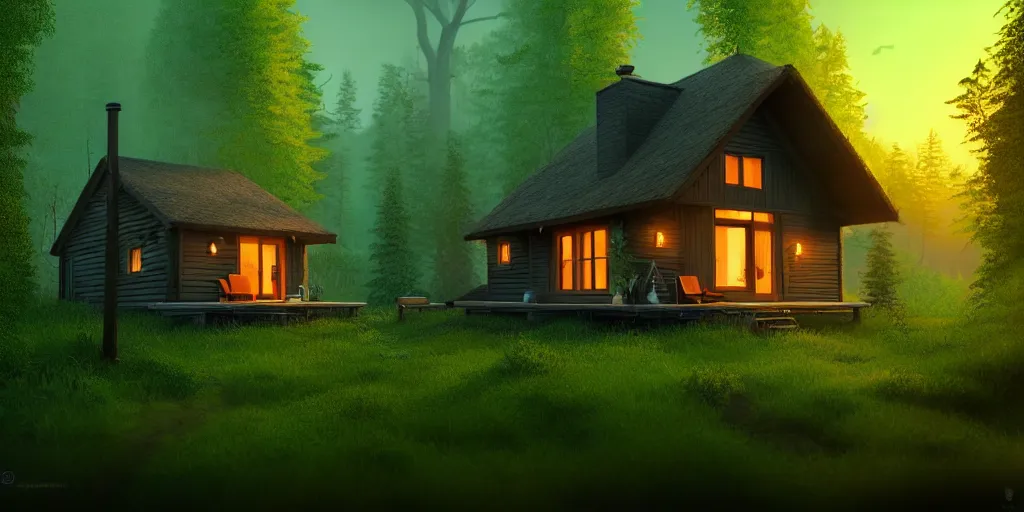 Prompt: a cozy little house in the woods, relaxing, 3 d concept art by scott zenteno, chill, relaxing, peaceful, sunset, extremely detailed art, unreal engine 5, hyper realism, blue - green aesthatic