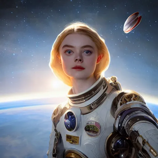 Prompt: sargent and leyendecker and peter paul rubens, head and shoulders portrait of a elle fanning in space, stephen bliss, unreal engine, fantasy art by global illumination, radiant light, detailed and intricate environment