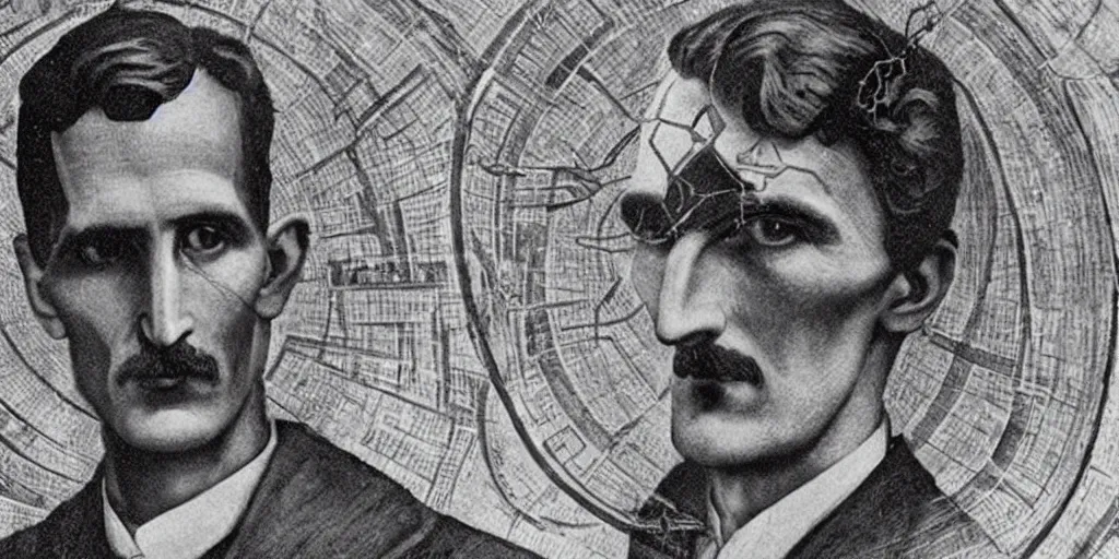 Prompt: the ascension of nikola tesla, electrical quantum iconography