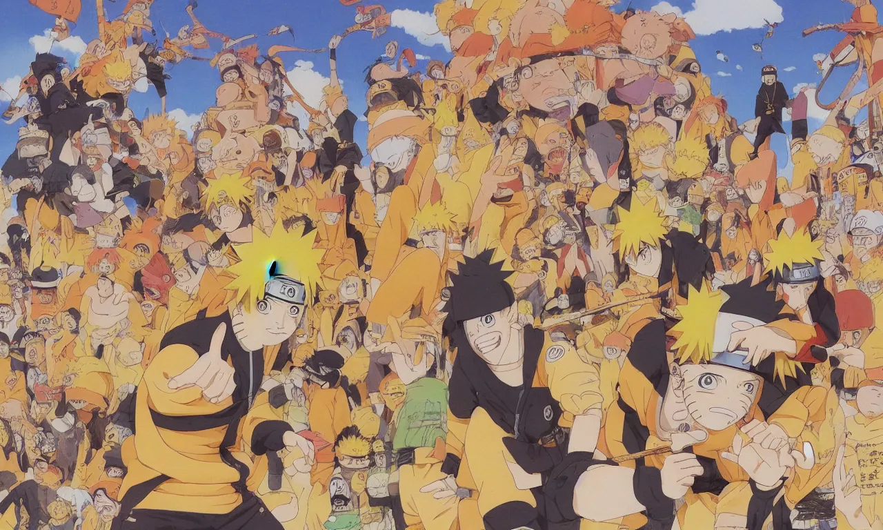 Image similar to a color manga illustration of naruto riding a enormous brown frog that is smoking a pipe in the middle of a busy tokyo intersection. naruto has yellow hair and orange clothes. the view is from ground level and wide angle. the mood is tense and exciting. brilliantly illustrated by masashi kishimoto in a very very well regarded style.