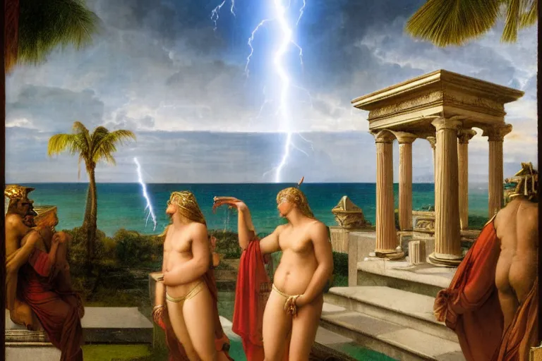 Image similar to Doric temple on front of balustrade and palace columns, refracted lightnings on the ocean, thunderstorm, tarot cards characters, beach and Tropical vegetation on the background major arcana sky and occult symbols, by paul delaroche, hyperrealistic 4k uhd, award-winning, very detailed paradise