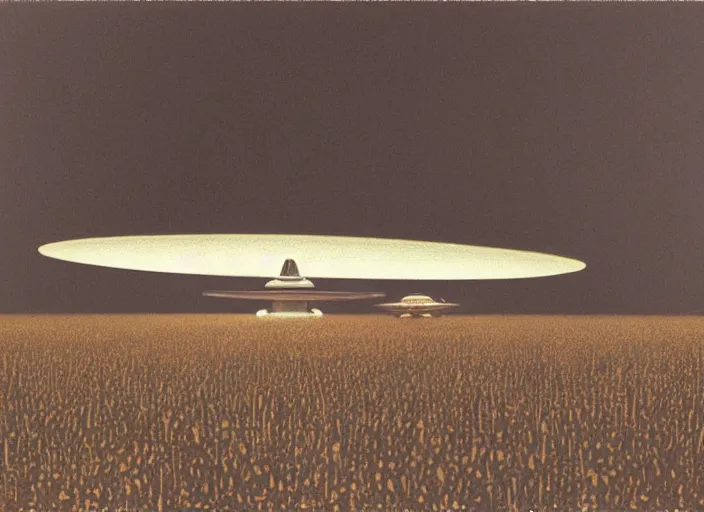 Image similar to ufo flying saucer space ship landing in field of spaghetti and meatballs, albumen silver print by timothy h. o'sullivan ralph mcquarrie