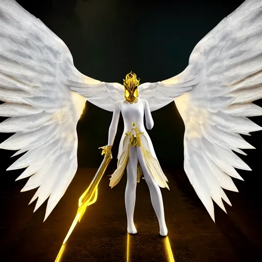 Image similar to Angel in white linen, golden armor, glowing sword in hand, translucent wings, concept character, beautiful, stunning, gold mist, radiating power, energy, god rays, luminescence, fractal, photography, unreal engine, 8k