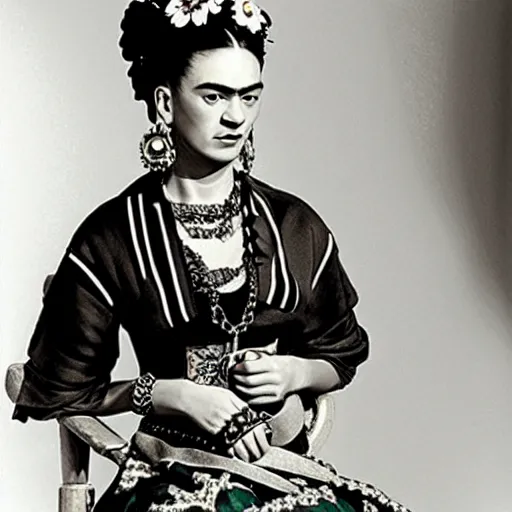 Image similar to frida kahlo with steampunk accessories.