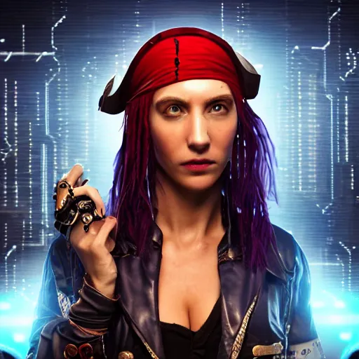 Image similar to a high quality portrait of a beautiful pirate in a cyberpunk cyberpunk cyberpunk cafe, realism, 8k, award winning photo