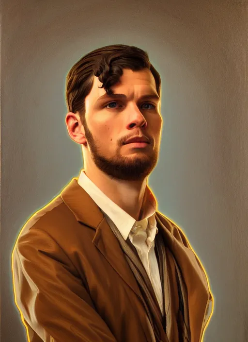 Prompt: oil portrait of luke atmey, phoenix wright, intricate, elegant, highly detailed, lighting, painting, artstation, smooth, illustration, art by greg rutowski and alphonse mucha