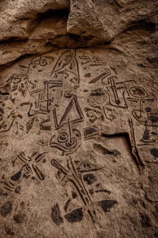 Image similar to 4 k photography of petroglyphs representing crosses, sauwastica, wifi symbol on a cave