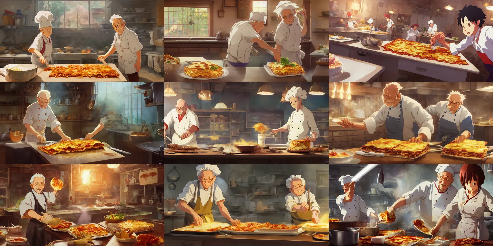 Prompt: a wholesome anime key shot of a passionate elderly chef cooking a tasty lasagna in the kitchen, medium shot, waist up, studio Ghibli, Pixar and Disney animation, sharp, Rendered in Unreal Engine 5, anime key art by Greg Rutkowski, Bloom, dramatic lighting