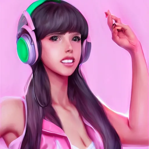 Image similar to very very very beautiful pink gamer girl wearing headphones standing in a pink girls room, full body portrait, eye contact, smiling, perfect face, perfect body, extreme long shot, drawn by artgerm and charlie bowater