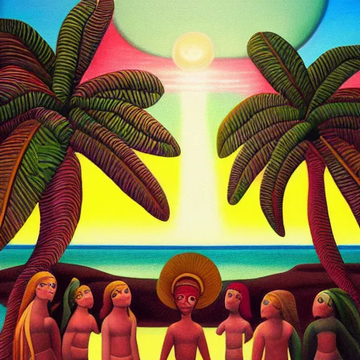 Image similar to a ultradetailed beautiful painting of amazonas beach by tarsila do amaral, major arcana mason sparkles sky, dougherty patrick, trending on artstation, mediterranean, palm trees, light sparkles, major arcana sky, sharp focus, soft light