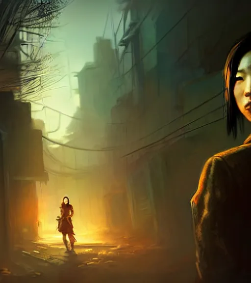 Image similar to fallout 5, charismatic beautiful rugged asian female protagonist, portrait, outdoors in a dilapidated tokyo back alley, atmospheric lighting, painted, intricate, volumetric lighting, daytime, autumn, fog, sharp focus, ultra detailed, art by william turner and ross tran