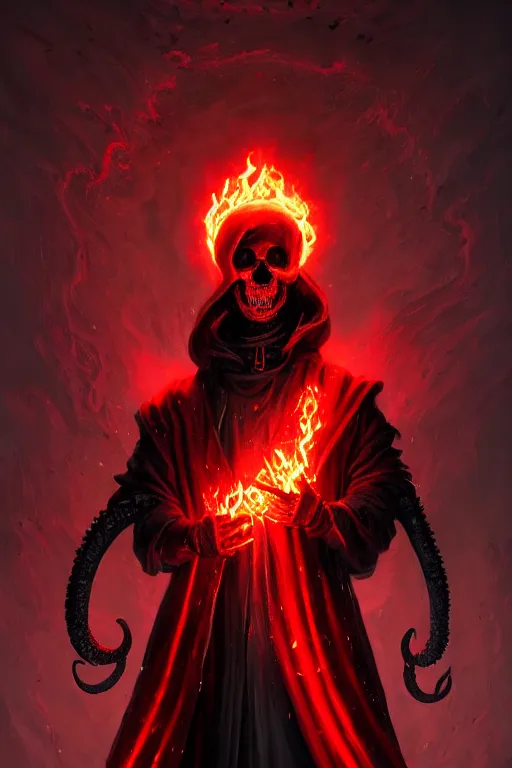 Image similar to A full body portrait of a mysterious character with a flaming skull with a very long hooded blood red and black cloak, tentacles coming out the ground art by Jason Chan and Gilles Beloeil, ominous, cosmic horror, trending on artstation, Ultra detailed, hyper realistic 4k