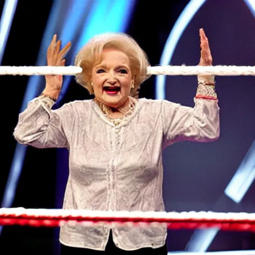 Image similar to betty white as wwe champion standing in a wrestling ring