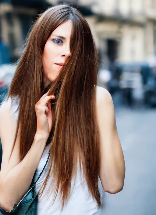Image similar to color realistic portrait of a beautiful, stylish, 30-year-old French woman in the street, with long, straight hair, street portrait in the style of Mario Testino