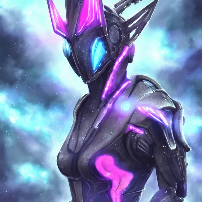 Image similar to cinematic shot, bust, cosmic sized perfectly proportioned stunning hot female warframe, robot mecha female dragon head, silver armor, fuschia leds, floating in empty space, nebula sized, holding a galaxy, epic proportions, epic size, epic scale, furry art, dragon art, giantess art, warframe fanart, furaffinity, deviantart