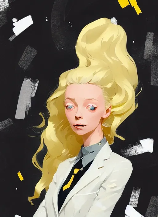 Image similar to highly detailed closeup portrait of beautiful portia doubleday, blonde wavy hair, angela moss, white suit by atey ghailan, by greg rutkowski, by greg tocchini, by james gilleard, by joe fenton, by kaethe butcher, gradient yellow, black and white color scheme, grunge aesthetic!!! ( ( graffiti tag wall background ) )