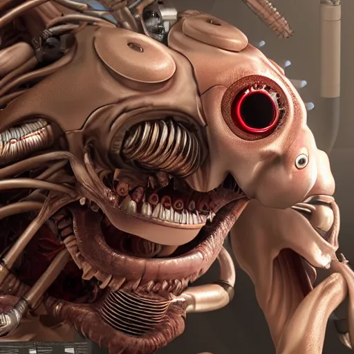 Prompt: fleshy-cyborg-toilet-monster, eyes, teeth, mechanical-limbs, hyper-realistic 4K high-detail