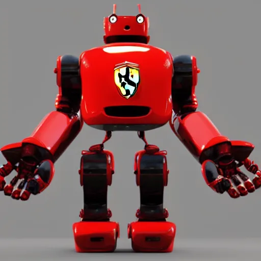 Prompt: a red robot with big tires on it's shoulders, Ferrari logo on it's chest, rounded head with black pointy visite | unreal engine | hd | 3D model