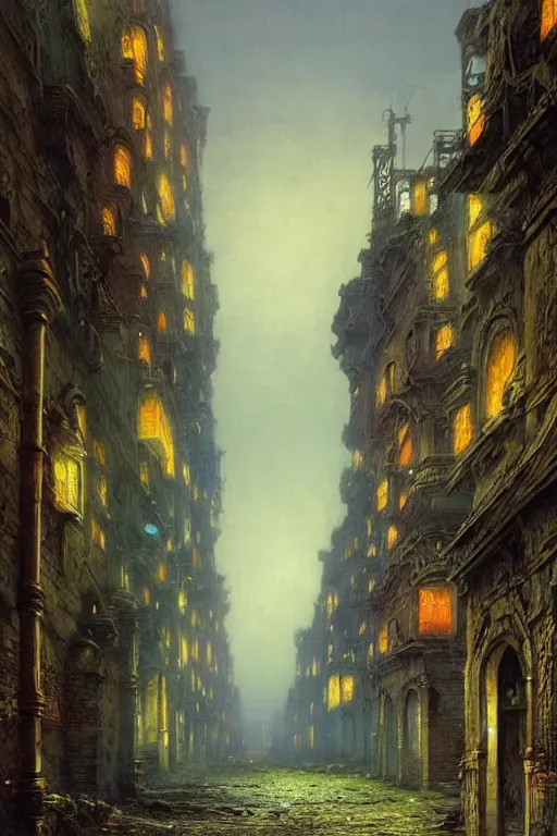 Image similar to beautiful matte painting street art fantasy ruins skyline background painted, intricate, volumetric lighting, beautiful, rich deep colors masterpiece, sharp focus, ultra detailed by john atkinson grimshaw