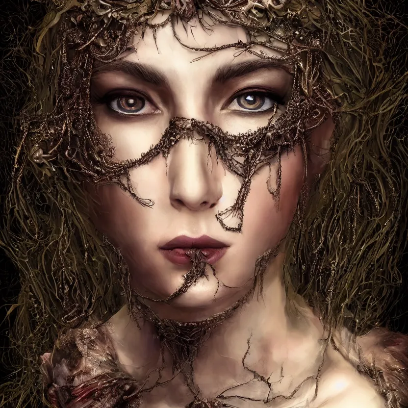 Image similar to mindblowing portrait of the enchantress queen, a stunning timeless beauty, breathtaking eyes, perfect skin, feathered eyelashes, royal gothic dress with a lot of leather, heavy silent hill aesthetic, incredibly intricate, digital art, blender, houdini & photoshop, very elegant & complex, hyper-maximalist, overdetailed, epic cinematic quality, biblical art lighting, photorealistic, lifelike, OLED, DSLR HDR 8k, face is the focus, facial feature symmetry, hyper composed, created by Nixeu & z--ed from deviantart