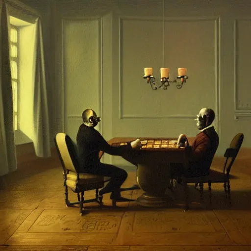 Image similar to Occult shadow figures of men inside a freemasonic lodge with a chequered floor conversing around a table in secrecy, moody and atmospheric, dramatic scene, dimly lit room, cgsociety, 8k resolution, trending on artstation, octane render by Quint Buchholz, Pieter Claesz and Edward hopper