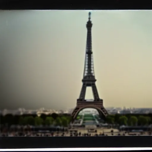 Image similar to extensive smoke rising from the top of the eiffel tower, aerial view, several police cars and crowds running across the ground, polaroid, 6 0's, hyperrealism, no blur, 4 k resolution, ultra detailed