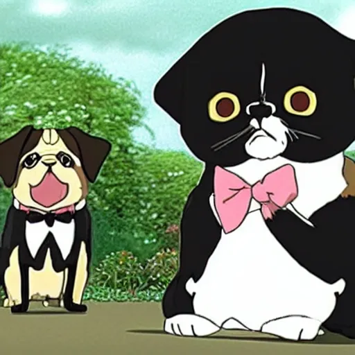 Prompt: a black cat wearing a white wedding dress and a pug dog in a tux, Miyazaki, studio ghibli