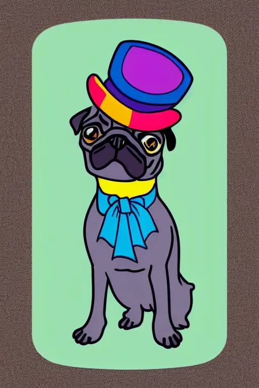 Image similar to A portrait of a pug wearing a top hat, sticker, colorful, illustration, highly detailed, smooth and clean vector curves, no jagged lines, vector art, smooth