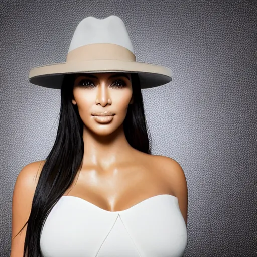 Prompt: studio photo of kim kardashian wearing a fedora, professional photo, close up, studio lighting, high quality