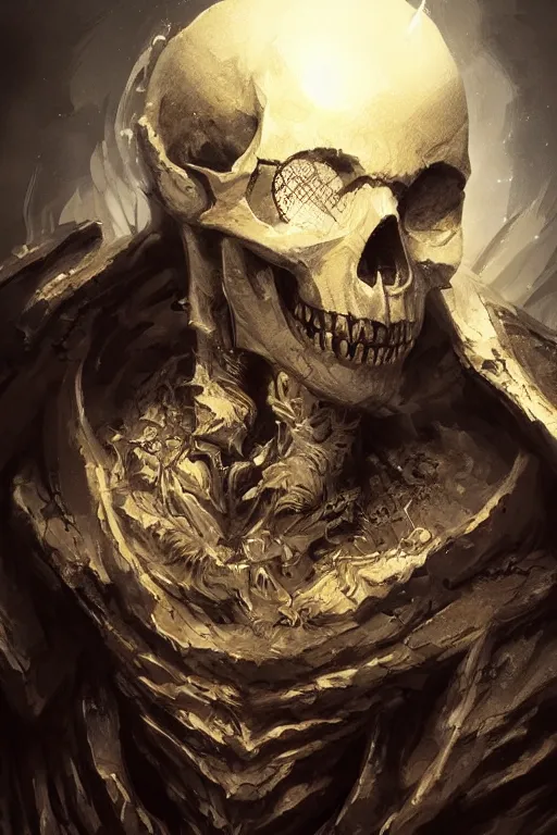 Image similar to concept art skull lord, brushstroke, close - up portrait, powerfull, intricate, elegant, volumetric lighting, scenery, digital painting, highly detailed, artstation, sharp focus, illustration, concept art, ruan jia, steve mccurry