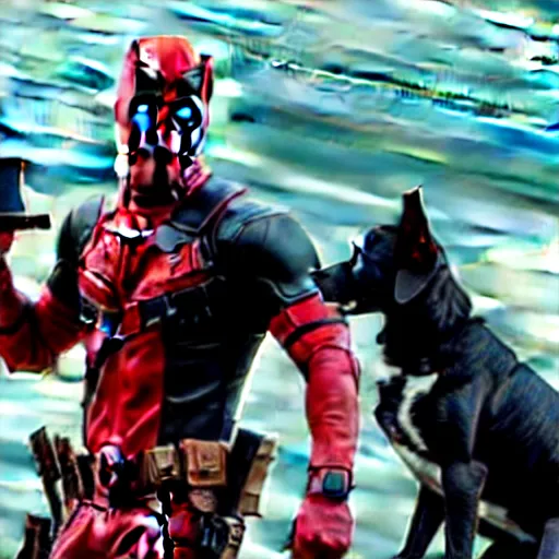 Prompt: a still from the avengers movie of deadpool holding a cute dog, 4 k, movie scene, professional lightimg, cinematic, dramatic