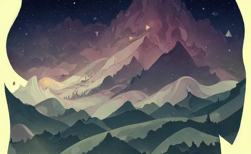 Prompt: mountains, stars and paisley filled sky, artstation, intricate, highly detailed, digital painting, concept art, sharp focus, illustration by Benjamin Lacombe and James Gilleard