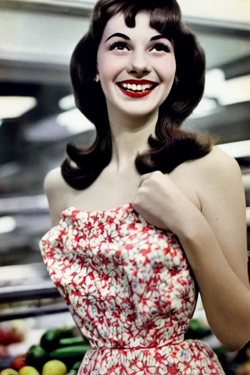 Prompt: kodachrome sharply focused photograph, waist - up photo 1 9 6 0 s brunette woman points up with a smile in a supermarket, exquisite features, feminine cut, floral summer frock, nick knight studio lighting,