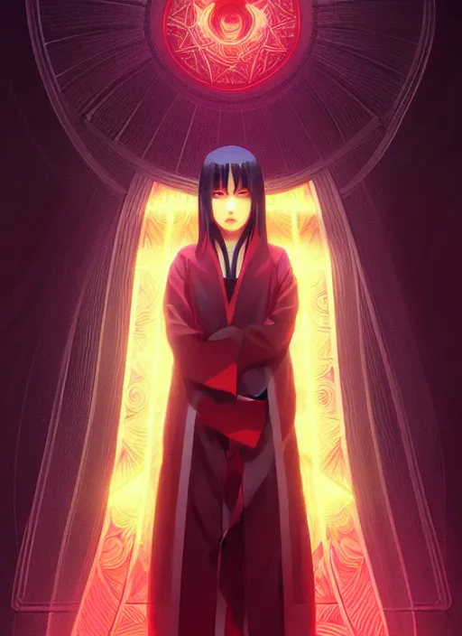 Image similar to symmetry!! itachi, glowing lights!! intricate, elegant, highly detailed, digital painting, artstation, concept art, smooth, sharp focus, illustration, art by artgerm and greg rutkowski and alphonse mucha