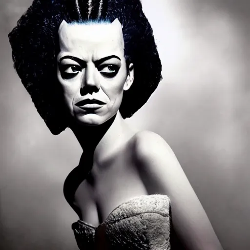 Image similar to emma stone as the bride of frankenstein, bride of frankenstein hair, universal, movie, photography, portrait, beautiful,