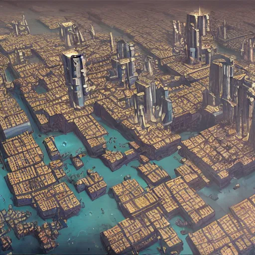 Prompt: a city in 1 6 4 0, cyberpunk, concept art, from above
